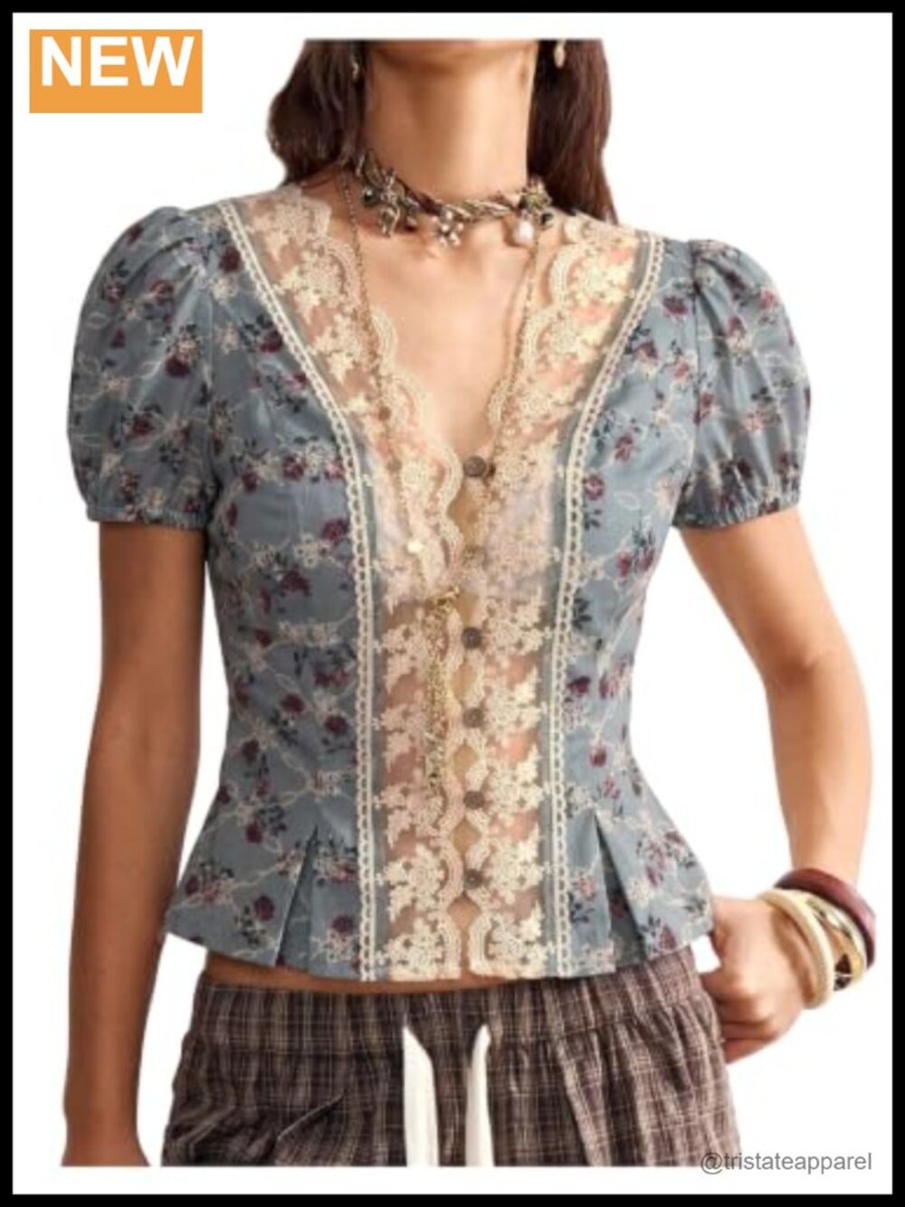 Floral Lace Button Down Blouse with Puff Sleeves V-Neck